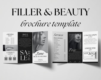 Könnte beinhalten: Schwarzweißes Broschüren-Template für ein Schönheitssalon namens Jane Beauty Studio. Die Broschüre enthält Informationen über die Dienstleistungen des Salons, die Preise und ein Sonderangebot für eine kostenlose Beratung. Die Broschüre enthält auch einen QR-Code, um sich mit dem Salon zu verbinden.