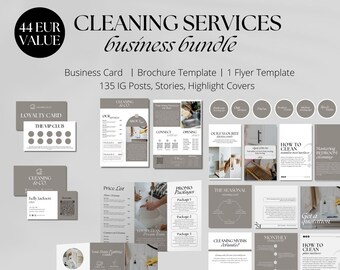 May include: A cleaning services business bundle with a gray and white color scheme. The bundle includes a business card, brochure template, flyer template, and 135 Instagram posts, stories, and highlight covers. The text "CLEANING SERVICES business bundle" is featured in the top center of the image.