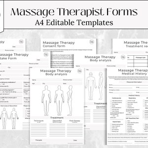 Könnte beinhalten: Ein Satz druckbarer Massagetherapie-Formulare in Schwarzweiß. Die Formulare umfassen Aufnahme, Einwilligung, Körperanalyse, Behandlungsprotokoll und Krankengeschichte. Die Formulare sind für A4-Papier konzipiert und editierbar.