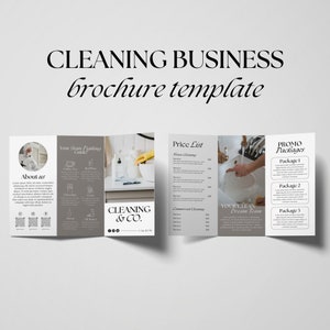 Può includere: Un opuscolo a tre pieghe per un'azienda di pulizie chiamata "Cleaning & Co.". Il opuscolo presenta un listino prezzi per i servizi di pulizia di case e uffici, un elenco di servizi di rimozione delle macchie e una descrizione di tre pacchetti di pulizia. Il opuscolo include anche una foto di una mano che lava un lavandino e il testo "Your Clean Dream Team."