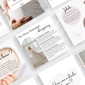 May include: A collection of six square cards with text and images related to pregnancy and childbirth. The cards feature topics such as the three trimesters of pregnancy, breathing exercises, and the role of a doula.