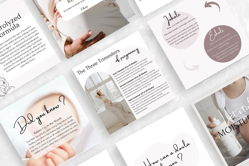 May include: A collection of six square cards with text and images related to pregnancy and childbirth. The cards feature topics such as the three trimesters of pregnancy, breathing exercises, and the role of a doula.