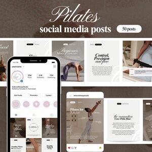 May include: A digital display of Pilates social media posts featuring a smartphone interface showing a profile page with 334 posts, 21K followers, and 134 following. The layout includes various grid images of people performing Pilates exercises.