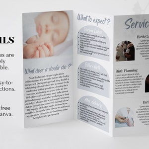 May include: A tri-fold brochure with a gray background and white text. The brochure is about doula services and includes information about what to expect during labor, before birth, and after delivery. The brochure also includes a description of the services offered, such as birth consultation, birth planning, and birth support.
