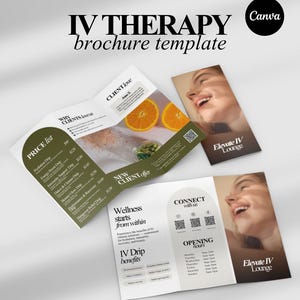 Può includere: Un modello di brochure per la terapia IV, con un listino prezzi, testimonianze dei clienti e informazioni sui benefici delle flebo IV. Il design include immagini di arance e una persona sorridente, con il testo "Elevate IV Lounge."
