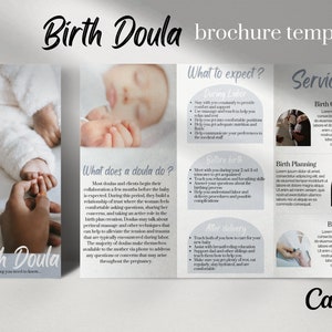 May include: A brochure template for a birth doula service. The brochure features images of a newborn baby, a pregnant woman, and a doula supporting a woman in labor. The text on the brochure includes the title "Birth Doula", "What does a doula do?", "What to expect?", and "Services".