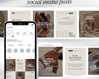 Pilates Social Media Posts Templates: Wellness Fitness Studio Marketing, Reformer & Mat Pilates Content