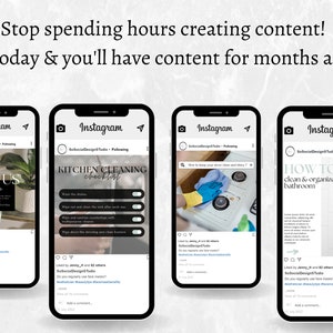May include: Four Instagram phone screen mockups showing different cleaning tips and checklists. The first image shows a live event announcement with the text "Join Us Live". The second image shows a checklist for cleaning a kitchen. The third image shows a hand cleaning a stovetop with the text "How to keep your stove clean and shiny?" The fourth image shows a bathroom with the text "How to clean & organized bathroom".