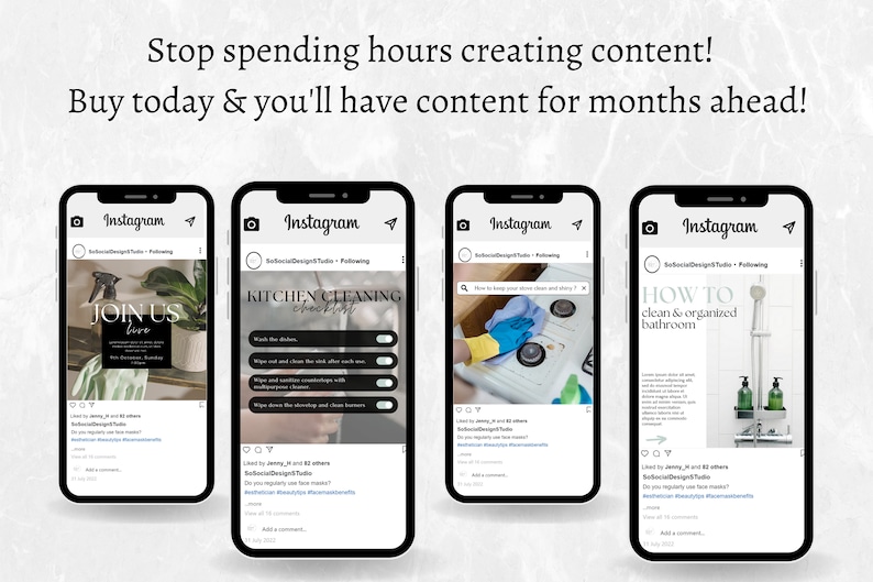 May include: Four Instagram phone screen mockups showing different cleaning tips and checklists. The first image shows a live event announcement with the text "Join Us Live". The second image shows a checklist for cleaning a kitchen. The third image shows a hand cleaning a stovetop with the text "How to keep your stove clean and shiny?" The fourth image shows a bathroom with the text "How to clean & organized bathroom".