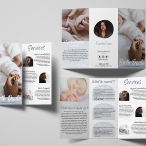 May include: A tri-fold brochure for a birth doula service. The brochure features images of babies and a woman, and includes the text "Birth Doula", "Services", "Heartwarming words", "Contact me", "What to expect?", and "What does a doula do?"