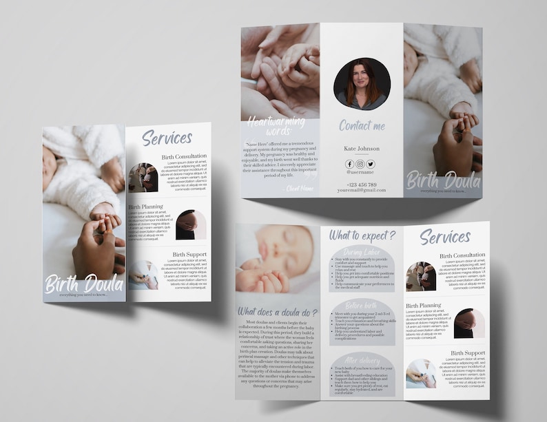 May include: A tri-fold brochure for a birth doula service. The brochure features images of babies and a woman, and includes the text "Birth Doula", "Services", "Heartwarming words", "Contact me", "What to expect?", and "What does a doula do?"