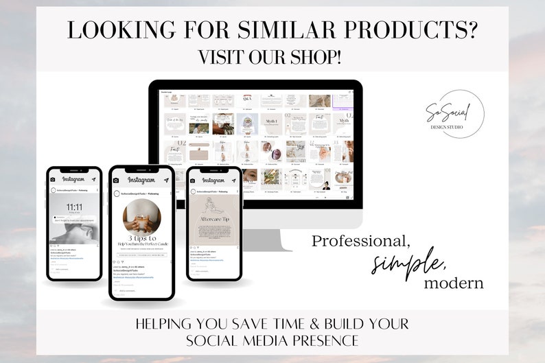May include: A computer screen displaying a variety of social media templates for Instagram. The templates are in a minimalist style with a neutral color palette. The text on the screen reads "So Social Design Studio".