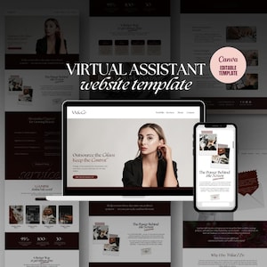 Può includere: Un modello di sito web per assistenti virtuali, con una donna in giacca nera su un laptop e uno smartphone. Il design include un modello modificabile Canva, con il testo "VIRTUAL ASSISTANT website template".