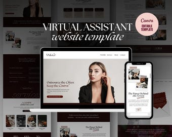 May include: A website template for virtual assistants, featuring a woman in a black blazer on a laptop and smartphone. The design includes a Canva editable template, with text that reads "VIRTUAL ASSISTANT website template".
