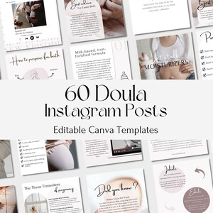 Könnte beinhalten: Eine Collage aus 60 Instagram-Post-Vorlagen für Doulas mit Bildern von schwangeren Frauen, Babys und Texten über Schwangerschaft, Geburt und Wochenbettpflege. Der Text enthält Sätze wie "Wie man sich auf die Geburt vorbereitet", "Milchbasierte, eisenangereicherte Formel", "Lass uns über Feuchtigkeitscremes sprechen", "Schwangerschafts-Don'ts", "Die drei Trimester der Schwangerschaft", "Wusstest du schon?", "Jabale", "Ausatmen" und "Stillen".