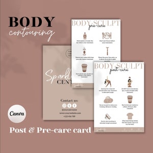 Plantilla de cuidado previo y posterior al contorno del cuerpo, tarjeta editable para el cuidado posterior de la escultura corporal Instrucciones de cuidado para esculpir el cuerpo