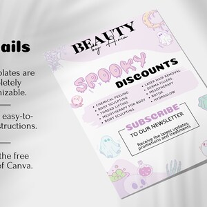 May include: A pink and white flyer with a spooky theme advertises beauty services with discounts. The flyer features a ghost, a cauldron, and a skull. The text reads "Spooky Discounts" and lists services like chemical peeling, body sculpting, thread lifting, laser hair removal, derma fillers, mesotherapy, botox, and hydraglow. The flyer also includes a call to action to subscribe to the newsletter.