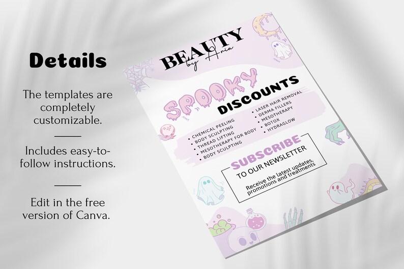 May include: A pink and white flyer with a spooky theme advertises beauty services with discounts. The flyer features a ghost, a cauldron, and a skull. The text reads "Spooky Discounts" and lists services like chemical peeling, body sculpting, thread lifting, laser hair removal, derma fillers, mesotherapy, botox, and hydraglow. The flyer also includes a call to action to subscribe to the newsletter.