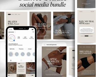 Plantillas de Pilates para redes sociales: publicaciones, historias y portadas destacadas de Pilates en Reformer y Mat.