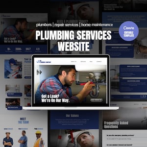 May include: A website template for plumbing services. The design features a laptop displaying a plumber working on a pipe, with the text "Got a Leak? We're On Our Way." Additional panels showcase services, team members, and contact information.