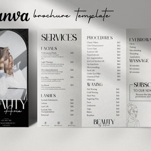 Szablon broszury Trifold | Minimalistyczny szablon broszury dla kosmetyczki | Cennik salonu kosmetycznego | Materiały do druku dla firm zajmujących się pielęgnacją skóry