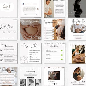 May include: A collage of images promoting prenatal yoga classes and services. The images feature pregnant women in various poses, including yoga poses, and include text such as "Prenatal Yoga Class", "Morning Routine Checklist", "New Blog Post", and "Happy Customers".