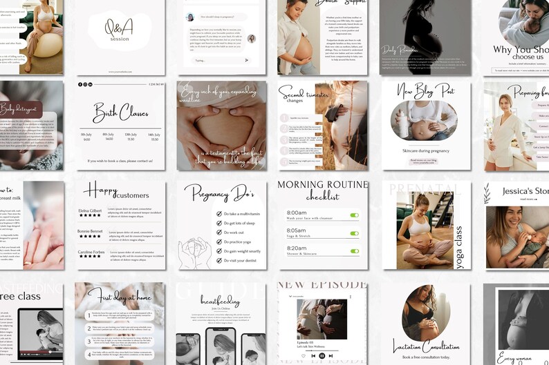 May include: A collage of images promoting prenatal yoga classes and services. The images feature pregnant women in various poses, including yoga poses, and include text such as "Prenatal Yoga Class", "Morning Routine Checklist", "New Blog Post", and "Happy Customers".