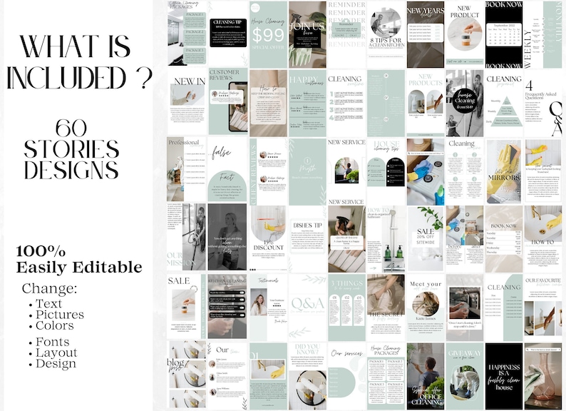 60 Social Media Stories Templates for Cleaning Businesses in white and mint color