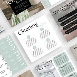 May include: A set of cleaning checklists with a green and white color scheme. The checklists include weekly, monthly, and kitchen cleaning tasks. The image also includes a section for professional cleaning services with different package options.