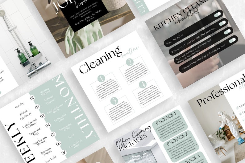 May include: A set of cleaning checklists with a green and white color scheme. The checklists include weekly, monthly, and kitchen cleaning tasks. The image also includes a section for professional cleaning services with different package options.