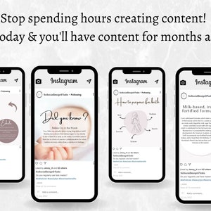 May include: Four Instagram phone screen mockups with white backgrounds and black frames. Each screen displays a different post about baby care, including information about breathing exercises, baby crying, preparing for birth, and iron-fortified formula.