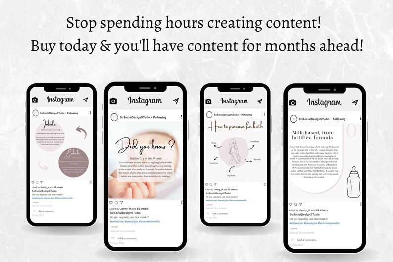 May include: Four Instagram phone screen mockups with white backgrounds and black frames. Each screen displays a different post about baby care, including information about breathing exercises, baby crying, preparing for birth, and iron-fortified formula.