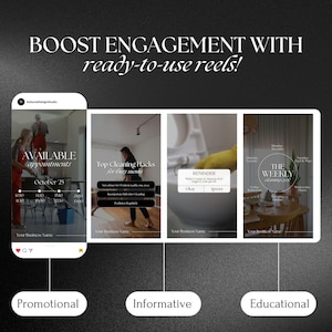 May include: Three Instagram story templates for a cleaning service business. The first template is a promotional post with a calendar showing available appointments. The second template is an informative post with cleaning tips. The third template is an educational post with a weekly cleaning schedule.