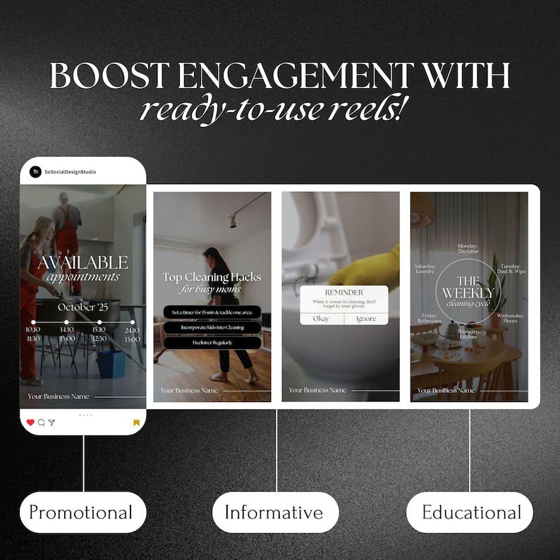 May include: Three Instagram story templates for a cleaning service business. The first template is a promotional post with a calendar showing available appointments. The second template is an informative post with cleaning tips. The third template is an educational post with a weekly cleaning schedule.