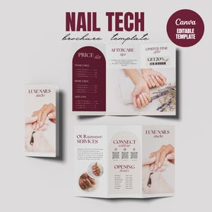 Könnte beinhalten: Eine Broschürenvorlage für ein Nagelstudio mit dem Text "NAIL TECH" und "LUXE NAILS studio". Die Broschüre enthält eine Preisliste, Pflegetipps und ein zeitlich begrenztes Angebot. Das Design ist in Burgunderrot und Weiß gehalten.