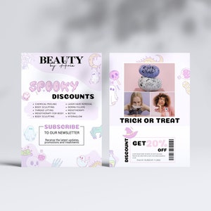 May include: A pink and white flyer with a spooky Halloween theme. It advertises beauty services with discounts and a newsletter subscription. The text reads "Beauty by Aria, Spooky Discounts, Subscribe to our Newsletter, Trick or Treat, Get 20% Off".