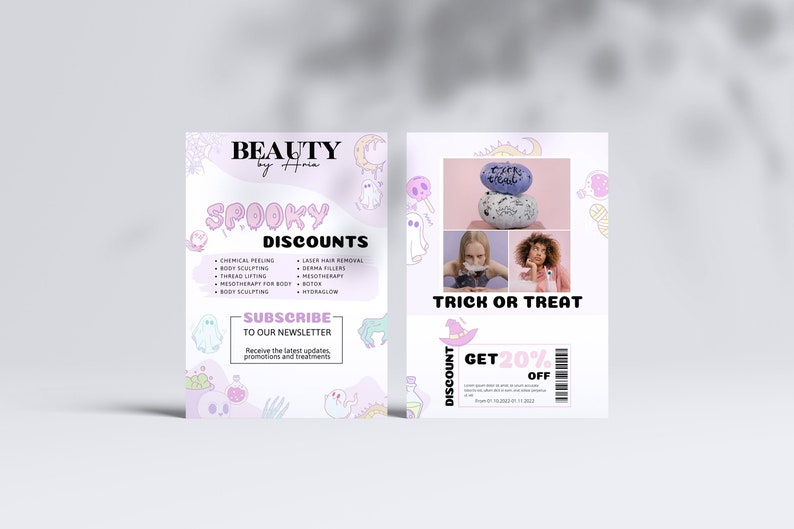 May include: A pink and white flyer with a spooky Halloween theme. It advertises beauty services with discounts and a newsletter subscription. The text reads "Beauty by Aria, Spooky Discounts, Subscribe to our Newsletter, Trick or Treat, Get 20% Off".