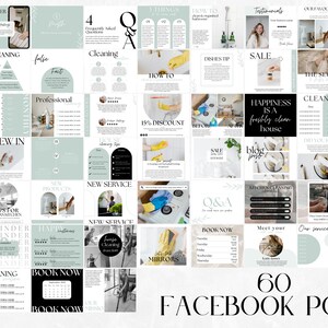 60 Facebook Post Templates for Cleaning Businesses in white and mint color