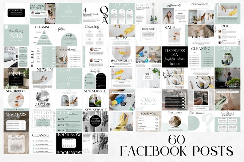 60 Facebook Post Templates for Cleaning Businesses in white and mint color