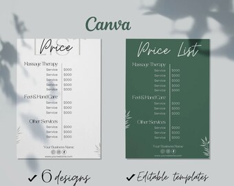Massage Preisliste Vorlagen | Kosmetikerin Business Preise | Spa Salon Preisliste Canva Vorlage | Sofort Download