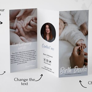 May include: A tri-fold brochure for a birth doula service. The brochure features a photo of a baby's hand being held by an adult hand, a photo of a woman smiling, and text that says "Heartwarming words", "Contact me", "Birth Doula", and "everything you need to know..."