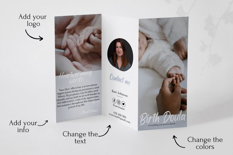 May include: A tri-fold brochure for a birth doula service. The brochure features a photo of a baby's hand being held by an adult hand, a photo of a woman smiling, and text that says "Heartwarming words", "Contact me", "Birth Doula", and "everything you need to know..."