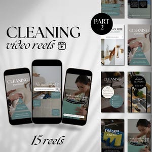 May include: A collage of 15 video reels on cleaning tips and tricks. The reels are displayed on smartphone screens and feature topics like cleaning pyramids, vacuuming, booking professional cleaning services, and house cleaning from $149. The text "CLEANING video reels" is displayed at the top of the collage.