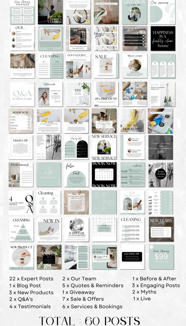 60 Social Media Post Templates for Cleaning Businesses in white and mint color