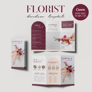 Peut inclure: Modèle de brochure pour fleuriste, avec un schéma de couleurs bordeaux et blanc. La brochure comprend le texte "FLORISTE", "FLOWERS & petals" et "Canva EDITABLE TEMPLATE". La brochure présente également des compositions florales.