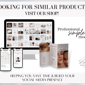 May include: A computer screen displaying a collection of social media templates in a minimalist style. The templates are designed for Instagram and feature a neutral color palette with a focus on clean lines and typography. The text on the screen reads "Professional, simple, modern".