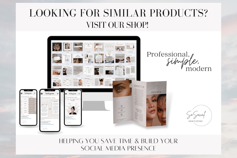 May include: A computer screen displaying a collection of social media templates in a minimalist style. The templates are designed for Instagram and feature a neutral color palette with a focus on clean lines and typography. The text on the screen reads "Professional, simple, modern".