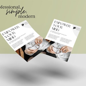 K&ouml;nnte beinhalten: Ein wei&szlig;er Flyer mit schwarzem Text, der "Empower Your Mind" und "Find Balance and Well-being with Dr. Your Name Here" lautet. Der Flyer zeigt ein Foto von H&auml;nden, die eine Brille halten.