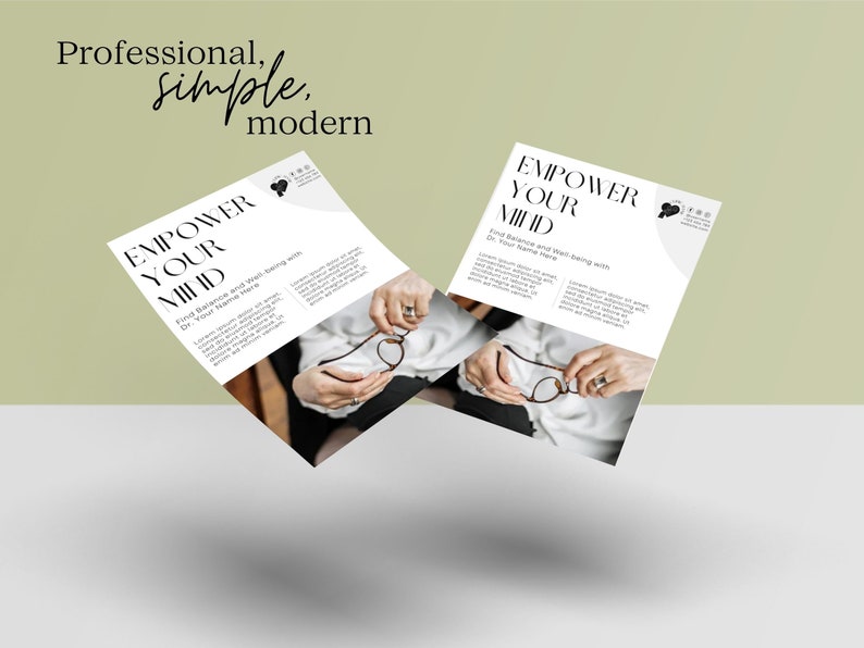 K&ouml;nnte beinhalten: Ein wei&szlig;er Flyer mit schwarzem Text, der "Empower Your Mind" und "Find Balance and Well-being with Dr. Your Name Here" lautet. Der Flyer zeigt ein Foto von H&auml;nden, die eine Brille halten.