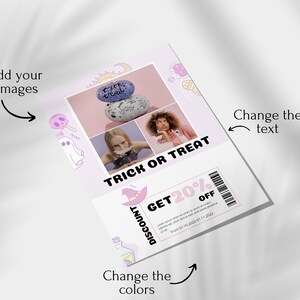 May include: A pink and purple Halloween themed printable coupon with a witch hat, a ghost, a skull, and a potion bottle. The coupon says "Trick or Treat" and "Get 20% Off".
